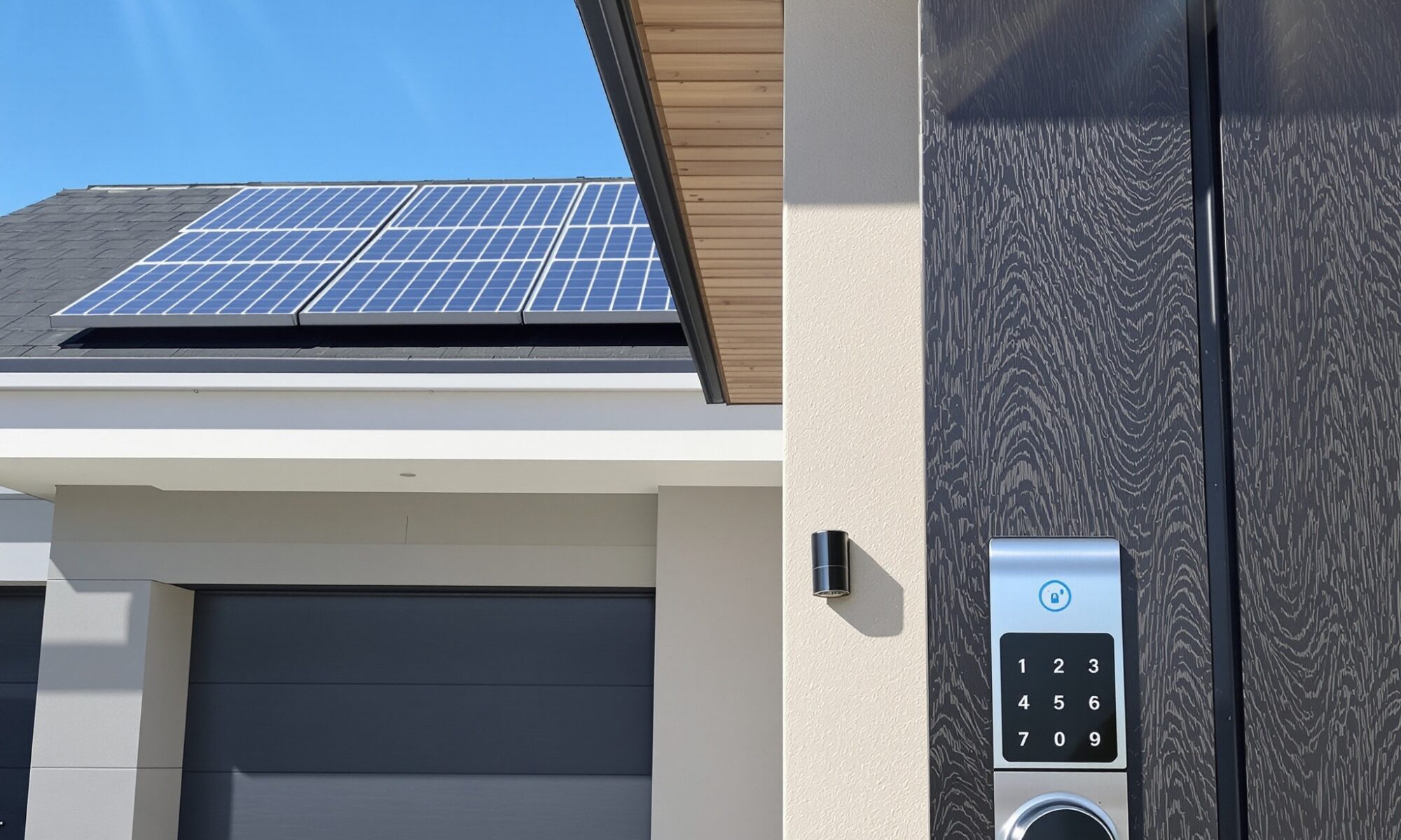 Maison moderne avec serrure numérique connectée et panneaux solaires sous un ciel bleu ensoleillé